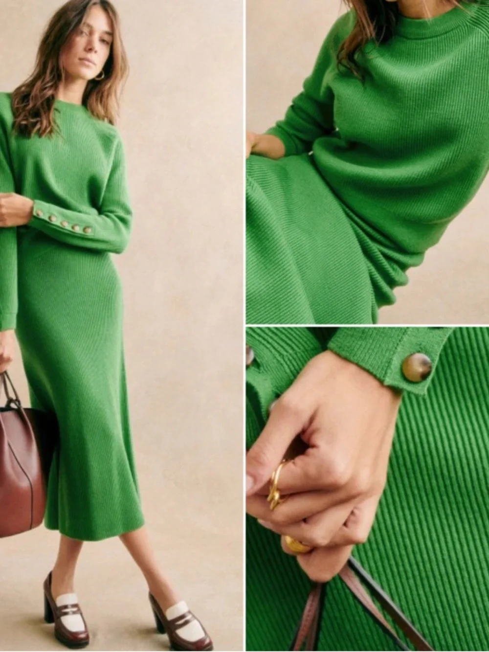 SEZANE Kelly Green Ribbed Knit Midi Naelle Skirt